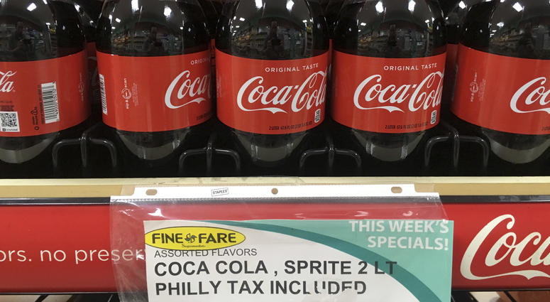 In this July 18, 2018, file photo, a sweetened beverage tax sign is posted by bottles of drinks at a supermarket in the Port Richmond neighborhood of Philadelphia. A sweetened beverage tax sign.