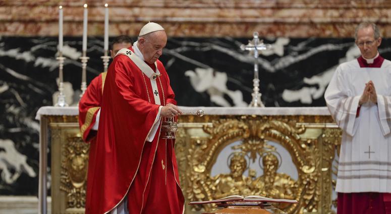 Pope Francis blesses the coffin as he celebrates the funeral service of Cardinal Leon Kalenga Badikebele, the Apostolic nuncio in Argentina, in St. Peter's Basilica at the Vatican, Saturday, June 15, 2019. Pope Francis blesses the coffin as he celebrates the funeral service of Cardinal Leon Kalenga Badikebele, the Apostolic nuncio in Argentina, in St. Peter's Basilica at the Vatican, Saturday, June 15, 2019.