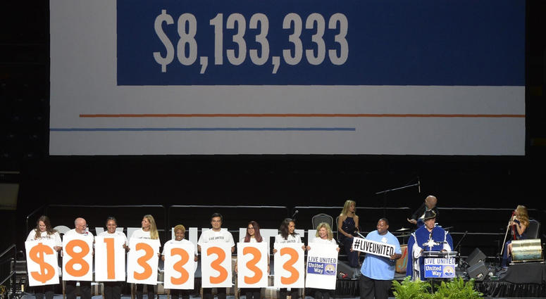 In this Sept. 6, 2018 file photo, Campaign Chair Larry Silbermann announces a goal of $8,133,333 at the United Way of the Coastal Empire 2018 Campaign Kick-Off at the Civic Center in Savannah, Ga. Charitable giving