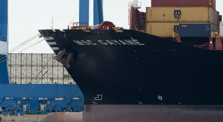 This photo shows the MSC Gayane container ship on the Delaware River in Philadelphia, Tuesday, June 18, 2019. U.S. authorities have seized more than $1 billion worth of cocaine from a ship at a Philadelphia port.