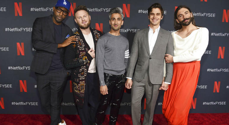 FILE - In this May 16, 2019 file photo, Karamo Brown, from left, Bobby Berk, Tan France, Antoni Porowski and Jonathan Van Ness arrive at a For Your Consideration event for "Queer Eye" at Raleigh Studios in Los Angeles. Netflix's show "Queer Eye" says it's bringing fabulousness to the masses for two more seasons.