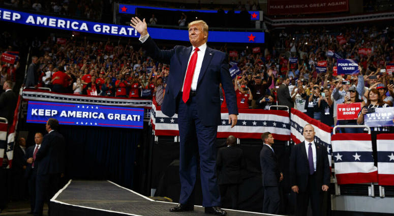 President Donald Trump arrives to speak at his re-election kickoff rally at the Amway Center, Tuesday, June 18, 2019, in Orlando, Fla.