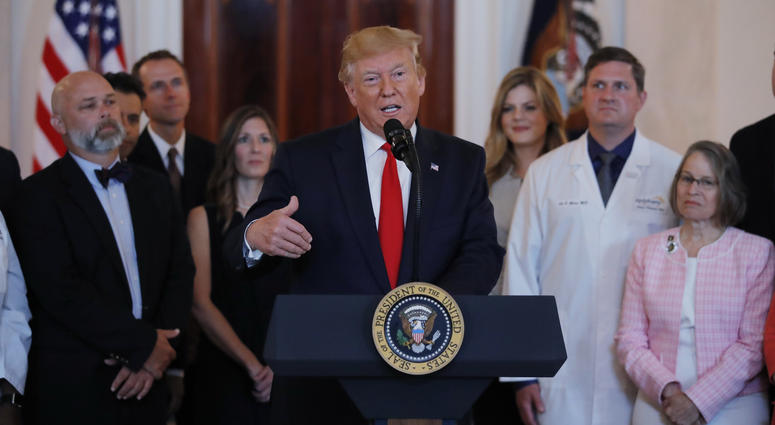 President Donald Trump speaks during a ceremony where he will sign an executive order that calls for upfront disclosure by hospitals of actual prices for common tests and procedures to keep costs down, at the White House in Washington, June 24, 2019. Donald Trump