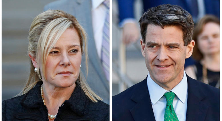 This combination of March 29, 2017, file photos shows Bridget Kelly, left, leaving federal court after sentencing and Bill Baroni leaving federal court after sentencing in Newark, N.J. Bridget Kelly and Bill Baroni