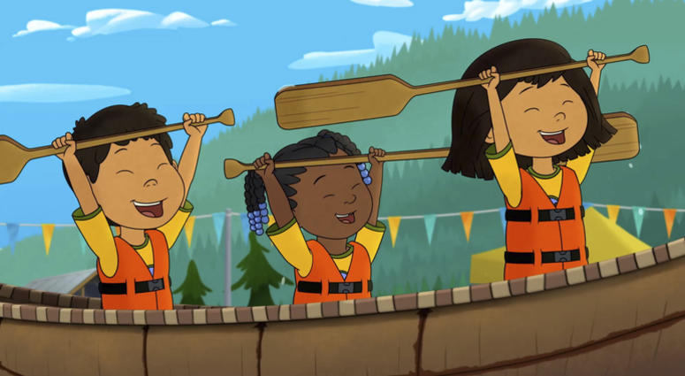 This image released by PBS shows characters, from left, Tooey, voiced by Sequoia Janvier, Trini, voiced by Vienna Leacock and Molly, voiced by Sovereign Bill, in a scene from the animated series "Molly of Denali." "Molly of Denali"