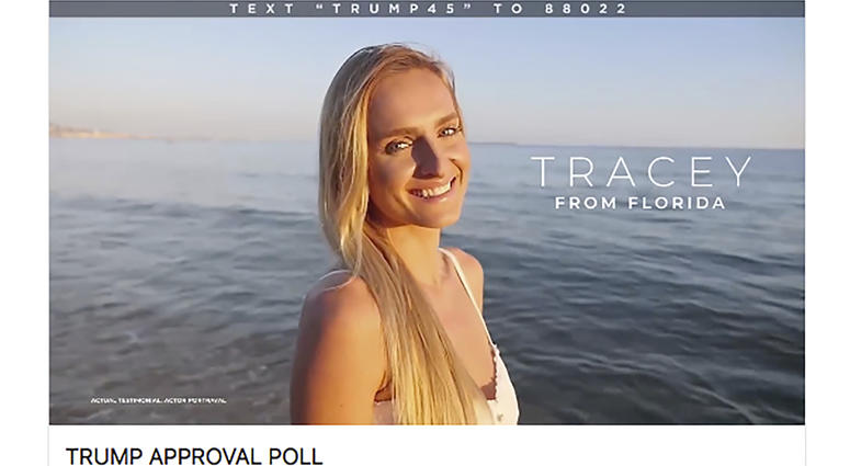 This frame from a series of Facebook video ads for President Donald Trump’s re-election campaign shows a model portraying an actual Trump supporter. Facebook video ads for Trump