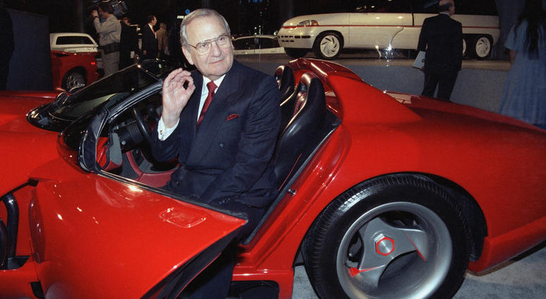 In this March 28, 1990, file photo, Chrysler Corporation Chairman Lee Iacocca sits in a 1990 Dodge Viper sports car as the Chrysler in the 90's six city tour makes a visit to New York. In this March 28, 1990, file photo, Chrysler Corporation Chairman Lee Iacocca sits in a 1990 Dodge Viper sports car as the Chrysler in the 90's six city tour makes a visit to New York.