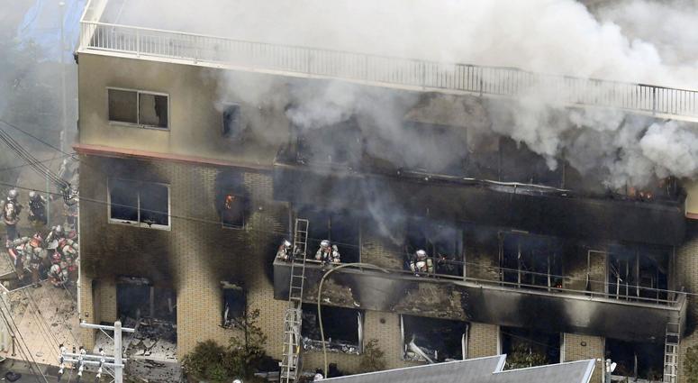Firefighters respond to a building fire of Kyoto Animation in Kyoto, western Japan, Thursday, July 18, 2019. Firefighters respond to a building fire of Kyoto Animation in Kyoto, western Japan, Thursday, July 18, 2019.