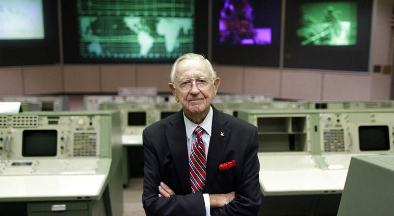 FILE - This Tuesday, July 5, 2011, file photo shows NASA Mission Control founder Chris Kraft in the old Mission Control at Johnson Space Center in Houston. Chris Kraft, the founder of NASA's mission control, died Monday, July 22, 2019, just two days after the 50th anniversary of the Apollo 11 moon landing. He was 95.