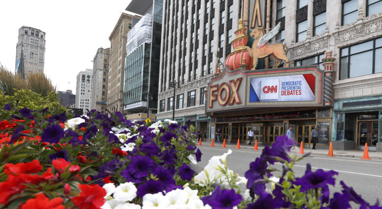 The Fox Theatre displays signs for the Democratic presidential debates in Detroit, Monday, July 29, 2019. The second scheduled debate will be hosted by CNN on July 30 and 31. The Fox Theatre displays signs for the Democratic presidential debates in Detroit, Monday, July 29, 2019. The second scheduled debate will be hosted by CNN on July 30 and 31.