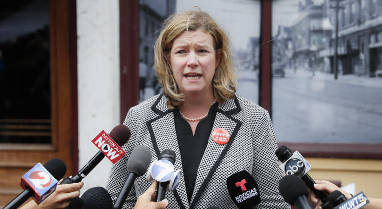 Dayton, Ohio, Mayor Nan Whaley speaks to members of the media Tuesday, Aug. 6, 2019, outside Ned Peppers bar in the Oregon District after a mass shooting that occurred early Sunday morning in Dayton. Dayton, Ohio, Mayor Nan Whaley speaks to members of the media Tuesday, Aug. 6, 2019, outside Ned Peppers bar in the Oregon District after a mass shooting that occurred early Sunday morning in Dayton.