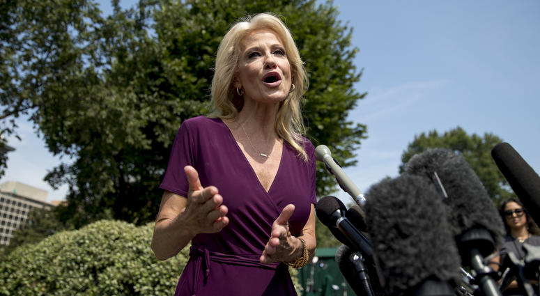 Counselor to the President Kellyanne Conway speaks to members of the media outside of the West Wing on the North Lawn of the White House in Washington, Wednesday, Aug. 7, 2019. Counselor to the President Kellyanne Conway speaks to members of the media outside of the West Wing on the North Lawn of the White House in Washington, Wednesday, Aug. 7, 2019.