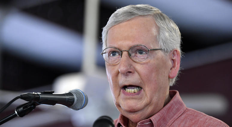 In this Aug. 3, 2019 file photo, Senate Majority Leader Mitch McConnell, R-Ky., addresses the audience gathered at the Fancy Farm Picnic in Fancy Farm, Ky. In this Aug. 3, 2019 file photo, Senate Majority Leader Mitch McConnell, R-Ky., addresses the audience gathered at the Fancy Farm Picnic in Fancy Farm, Ky.