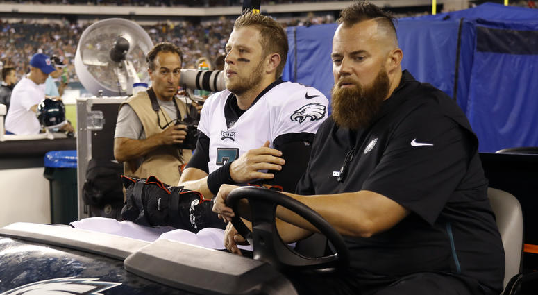 Philadelphia Eagles' Nate Sudfeld is driven off the field after an injury during the first half of the team's preseason NFL football game against the Tennessee Titans, Thursday, Aug. 8, 2019, in Philadelphia. Philadelphia Eagles' Nate Sudfeld is driven off the field after an injury during the first half of the team's preseason NFL football game against the Tennessee Titans, Thursday, Aug. 8, 2019, in Philadelphia.