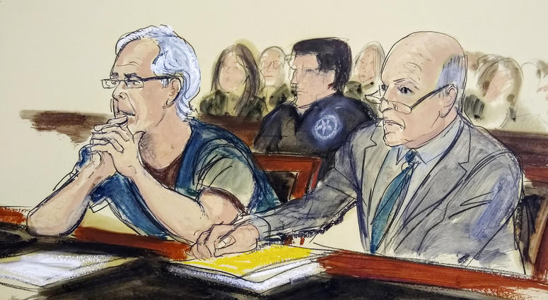 In this July 15, 2019 courtroom artist's sketch, defendant Jeffrey Epstein, left, and his attorney Martin Weinberg listen during a bail hearing in federal court, in New York. In this July 15, 2019 courtroom artist's sketch, defendant Jeffrey Epstein, left, and his attorney Martin Weinberg listen during a bail hearing in federal court, in New York.