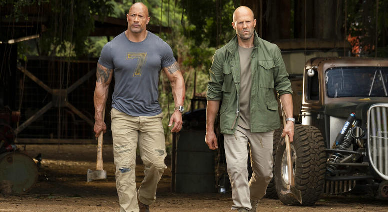 This image released by Universal Pictures shows Dwayne Johnson, left, and Jason Statham in a scene from "Fast & Furious Presents: Hobbs & Shaw." This image released by Universal Pictures shows Dwayne Johnson, left, and Jason Statham in a scene from "Fast & Furious Presents: Hobbs & Shaw."