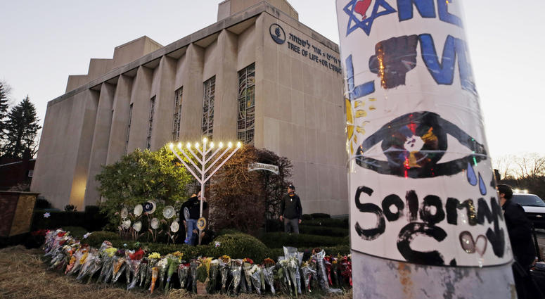 This Dec. 2, 2018, file photo shows a memorial outside the Tree of Life Synagogue, where Robert Bowers killed worshippers in an Oct. 27 shooting in the Squirrel Hill neighborhood of Pittsburgh. This Dec. 2, 2018, file photo shows a memorial outside the Tree of Life Synagogue, where Robert Bowers killed worshippers in an Oct. 27 shooting in the Squirrel Hill neighborhood of Pittsburgh.
