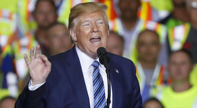 President Donald Trump speaks at the Pennsylvania Shell ethylene cracker plant on Tuesday, Aug. 13, 2019 in Monaca, Pa. President Donald Trump