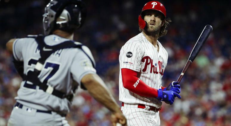 Philadelphia Phillies' Bryce Harper, right, looks up after striking out during the eighth inning of a baseball game against the San Diego Padres, Saturday, Aug. 17, 2019, in Philadelphia. Philadelphia Phillies' Bryce Harper, right, looks up after striking out during the eighth inning of a baseball game against the San Diego Padres, Saturday, Aug. 17, 2019, in Philadelphia.