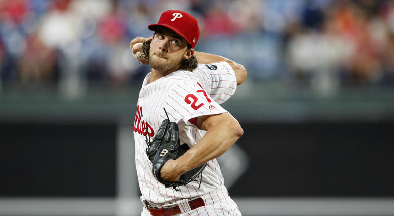 Philadelphia Phillies' Aaron Nola pitches during the first inning of a baseball game against the Atlanta Braves, Monday, Sept. 9, 2019, in Philadelphia. Philadelphia Phillies' Aaron Nola pitches during the first inning of a baseball game against the Atlanta Braves, Monday, Sept. 9, 2019, in Philadelphia.