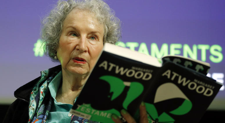 Canadian author Margaret Atwood speaks during a press conference at te British Library to launch her new book 'The Testaments' in London, Tuesday, Sept. 10, 2019. Canadian author Margaret Atwood speaks during a press conference at te British Library to launch her new book 'The Testaments' in London, Tuesday, Sept. 10, 2019.