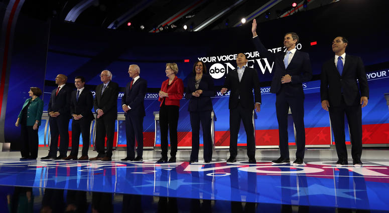 From left: Amy Klobuchar, Cory Booker, Pete Buttigieg, Bernie Sanders, Joe Biden, Elizabeth Warren, Kamala Harris, Andrew Yang, Beto O'Rourke and Julian Castro are introduced for the Democratic presidential primary debate. From left: Amy Klobuchar, Cory Booker, Pete Buttigieg, Bernie Sanders, Joe Biden, Elizabeth Warren, Kamala Harris, Andrew Yang, Beto O'Rourke and Julian Castro