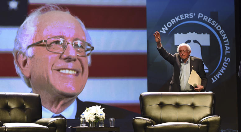 Democratic presidential candidate U.S. Sen. Bernie Sanders arrives onstage at the "Workers' Presidential Summit" at the Convention Center in Philadelphia, Sept. 17, 2019. The Philadelphia Council of the AFL-CIO hosted the event. Bernie Sanders