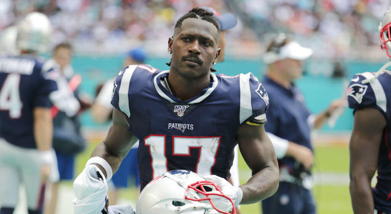 FILE - In this Sunday, Sept. 15, 2019, file photo, New England Patriots wide receiver Antonio Brown (17) stands on the sidelines during the first half at an NFL football game against the Miami Dolphins in Miami Gardens, Fla. Antonio Brown (17) stands on the sidelines during the first half at an NFL football game against the Miami Dolphins in Miami Gardens, Fla.