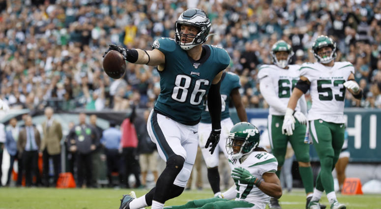 Philadelphia Eagles' Zach Ertz reacts after scoring a touchdown during the first half of an NFL football game against the New York Jets, Sunday, Oct. 6, 2019, in Philadelphia. Philadelphia Eagles' Zach Ertz reacts after scoring a touchdown during the first half of an NFL football game against the New York Jets, Sunday, Oct. 6, 2019, in Philadelphia.