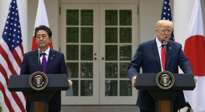 President Donald Trump and Japanese Prime Minister Shinzo Abe speak during a news conference in the Rose Garden of the White House in Washington, Thursday, June 7, 2018. President Donald Trump and Japanese Prime Minister Shinzo Abe