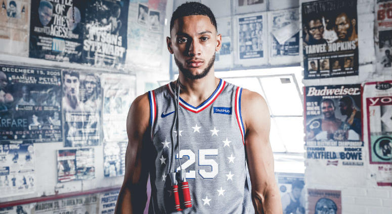 Philadelphia 76ers player Ben Simmons models the team's new City Edition uniforms, influenced by the "Rocky" and "Creed" movies. Philadelphia 76ers player Ben Simmons models the team's new City Edition uniforms.