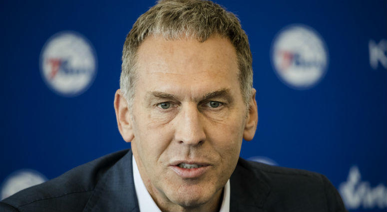 In this May 11, 2018, file photo, Philadelphia 76ers general manager Bryan Colangelo speaks during a news conference at the NBA basketball team's practice facility in Camden, N.J. Philadelphia 76ers general manager Bryan Colangelo