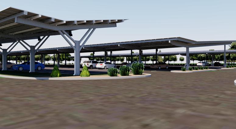 A rendering of PATCO's solar parking canopies. Construction should begin this summer, with completion set for October 2020. A rendering of PATCO's solar parking canopies