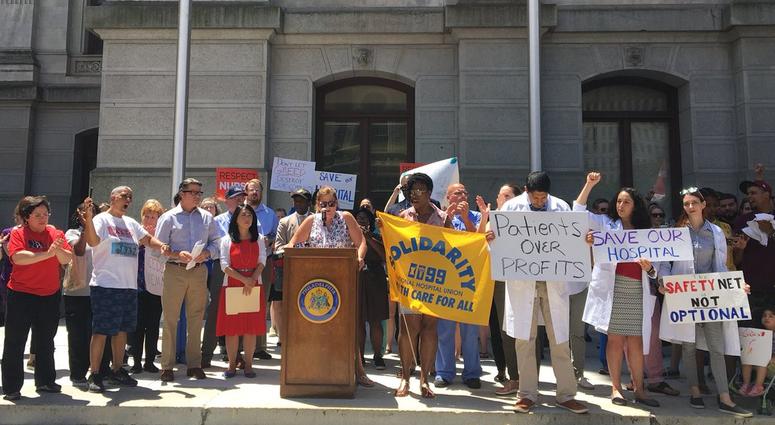 Hundreds of nurses, union members and lawmakers gathered at City Hall June, 27, 2019, calling on the state to take action and keep Hahnemann University Hospital afloat. Hahnemann University Hospital rally