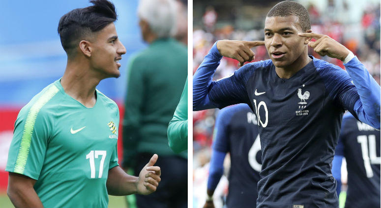 From left: Australia's Daniel Arzani and France's Kylian Mbappe From left: Australia's Daniel Arzani and France's Kylian Mbappe