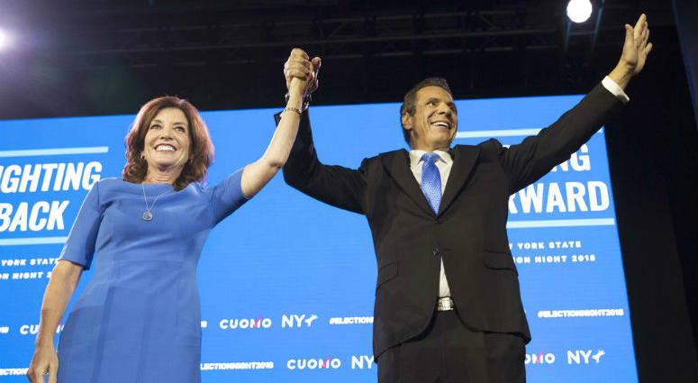 FILE - In this Tuesday, Nov. 6, 2018, file photo, New York Gov. Andrew Cuomo, right, stands with Lieutenant Governor Kathy Hochul during an an election night watch party hosted by the New York State Democratic Committee in New York.