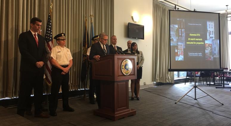 District Attorney Larry Krasner explains the results of a nine-month-long investigation that linked 57 people to a major drug organization they say was suffocating a large chunk of the Kensington neighborhood. District Attorney Larry Krasner explains the results of a nine-month-long investigation that linked 57 people to a major drug organization they say was suffocating a large chunk of the Kensington neighborhood.