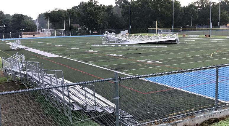 At Father Judge High School in Holmesburg, bleachers blew from the sidelines onto the school's football field. At Father Judge High School in Holmesburg, bleachers blew from the sidelines onto the school's football field.