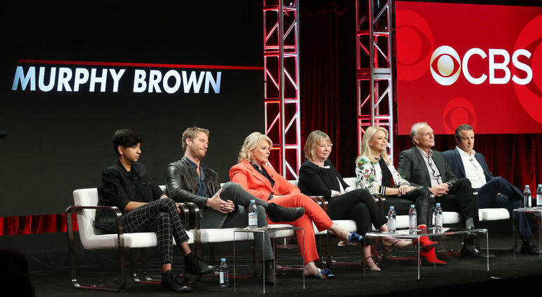 From left: Actor Nik Dodani, actor Jake McDorman, actress Candice Bergen, executive producer Diane English, actress Faith Ford, actor Joe Regalbuto, and actor Grant Shaud of the television show "Murphy Brown" speak on Aug. 5, 2018. From left: Actor Nik Dodani, actor Jake McDorman, actress Candice Bergen, executive producer Diane English, actress Faith Ford, actor Joe Regalbuto, and actor Grant Shaud of the television show "Murphy Brown" speak on Aug. 5, 2018.