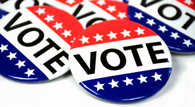 close up of campaign voting flag pins on white close up of campaign voting flag pins on white
