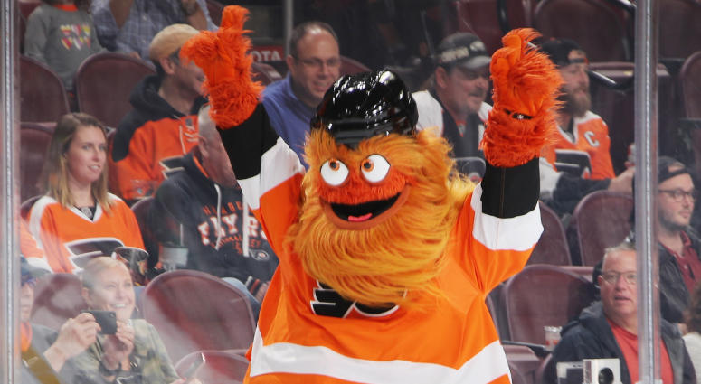 The Philadelphia Flyers mascot Gritty skates between periods of the game against the New York Rangers at the Wells Fargo Center on Sept. 27, 2018 in Philadelphia, Pennsylvania. Gritty