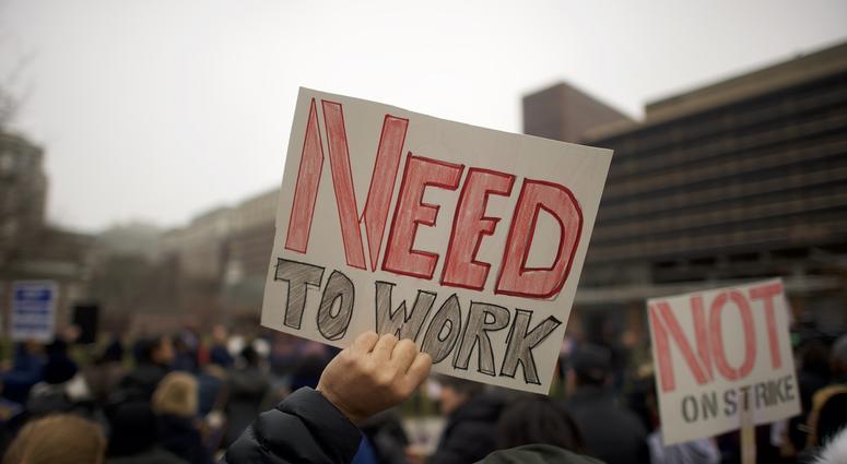 Fred Jennings, 67, holds a placard stating "NEED TO WORK" while gathering with area elected officials and furloughed federal workers at a rally in front of Independence Hall on Jan. 8, 2019 in Philadelphia, Pennsylvania. Fred Jennings, 67, holds a placard stating "NEED TO WORK" while gathering with area elected officials and furloughed federal workers at a rally in front of Independence Hall on Jan. 8, 2019 in Philadelphia, Pennsylvania.