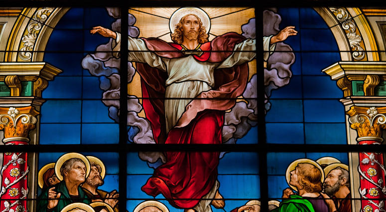 Stained glass window depicting Jesus Christ's resurrection at Easter. Jesus Resurrection
