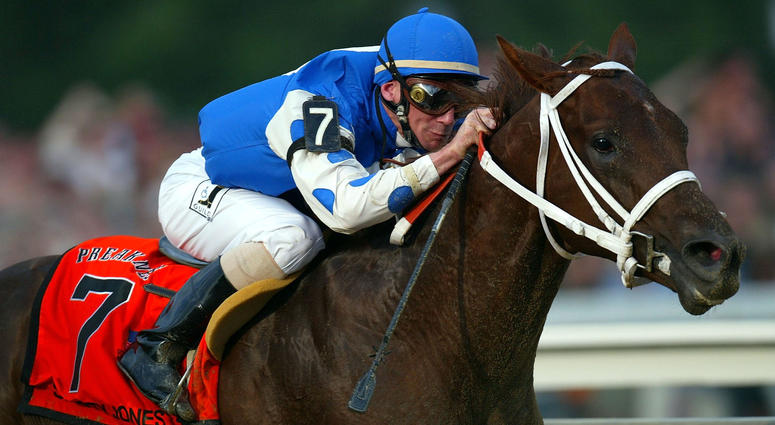 Smarty Jones with jockey Stewart Elliott heads into the homestretch on May 15, 2004 at the Pimlico Race Course in Baltimore, Maryland. Smarty Jones