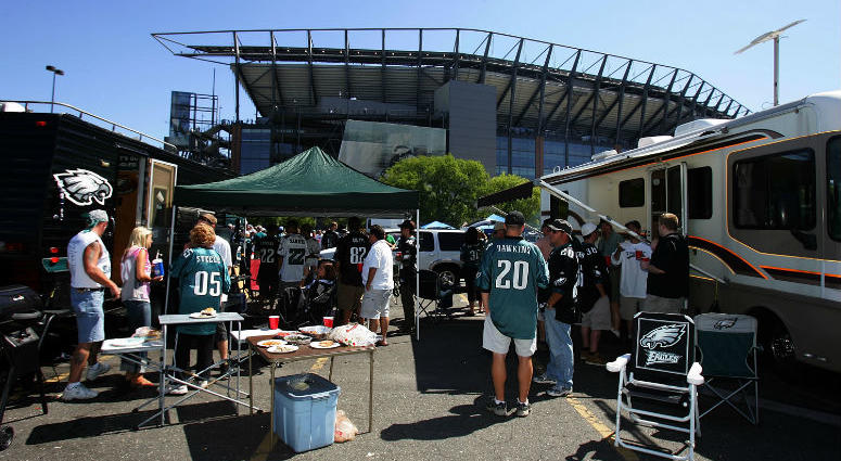 Fans tailgate in the parking lot before the Philadelphia Eagles play the St. Louis Rams on September 7, 2008 at Lincoln Financial Field in Philadelphia. Eagles Fans Tailgating