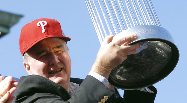 Philadelphia Phillies President Dave Montgomery hold the World Series trophy during the World Championship Parade October 31, 2008 in Philadelphia, Pennsylvania. Philadelphia Phillies President Dave Montgomery hold the World Series trophy during the World Championship Parade October 31, 2008 in Philadelphia, Pennsylvania.