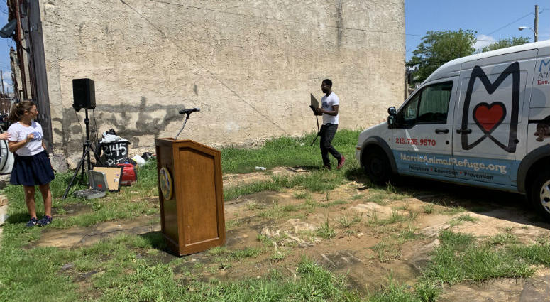 Stephanie Sena at groundbreaking on what she hopes is the first of many in a vacant lot on a block of rowhouses. Tiny houses are gaining ground in Philadelphia: A homeless services group broke ground on one last week in Port Richmond, and another group is looking to establish a cluster of them in West Philadelphia.