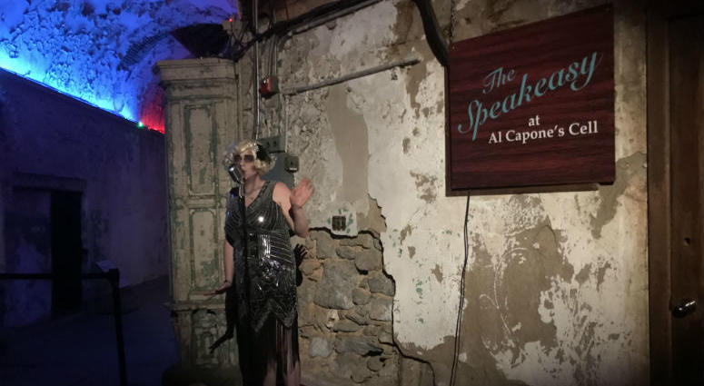 Esther Saint Clair, a ghoulish flapper singer, entertains guests at "The Speakeasy at Al Capone's Cell." The Speakeasy at Al Capone's Cell