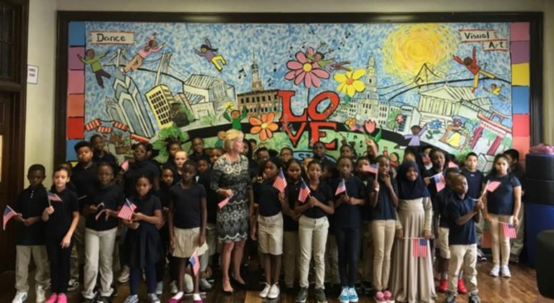 Judge Marjorie Rendell stepped from behind the bench to the front of the classroom to teach a special lesson on civic engagement to students at E. M. Stanton Elementary School in South Philadelphia. Judge Marjorie Rendell with students at E. M. Stanton Elementary School