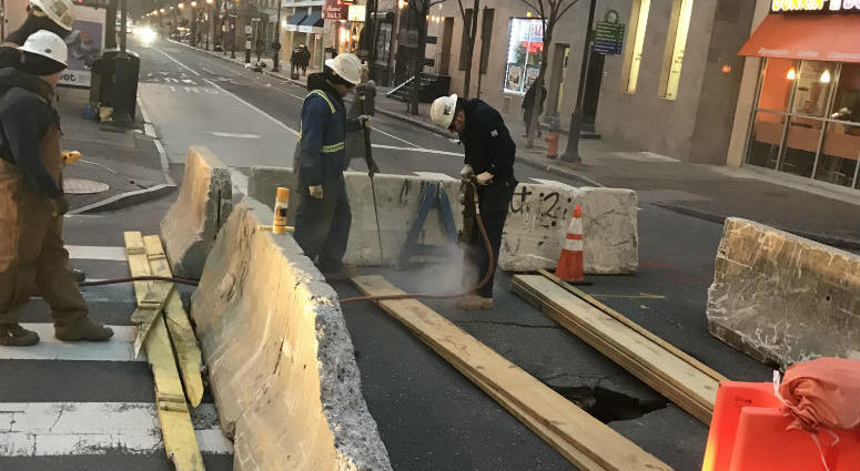 Crews are on the scene after a sinkhole forms in Center City. Crews are on the scene after a sinkhole forms in Center City.